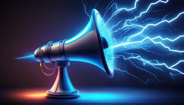 neon lit megaphone emits electric blue lightning bolts symbolizing powerful communication