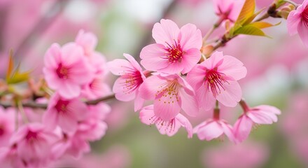 Obraz premium A close up of pink cherry blossoms on a branch with a soft blurred background in the springtime season