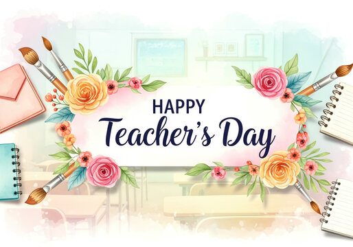 Colorful happy teacher's day celebration design with floral and artistic elements for greeting cards