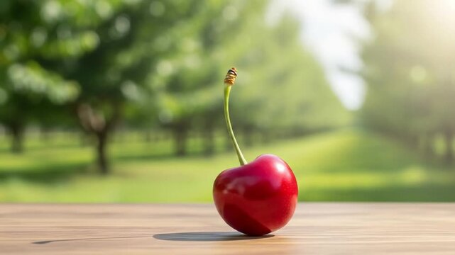 A single vibrant red cherry with a green stem rests on a wooden surface, set against a blurred background of a sunny green orchard.