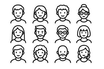 Fototapeta premium Various Modern Outline Style Avatars Icons for Design, Social Media, Apps, Profile Pictures, User Interface, Cartoon Vector Illustrations with Transparent Background, Ordered Set