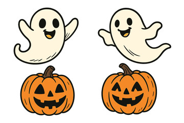 Fototapeta premium Fun Halloween doodles featuring playful ghosts and smiling jack-o-lantern pumpkins, festive spooky cartoon illustrations perfect for fall decorations and holiday designs, transparent background