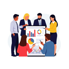 Naklejka premium A diverse business team collaborates around a large presentation board displaying colorful graphs and charts, brainstorming innovative solutions in a modern office setting.