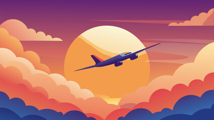 Naklejka premium Airplane flying through colorful clouds at sunset in scenic travel-themed flat illustration