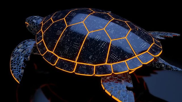 Close-up of an Abstract Turtle with neon orange shell patterns on a dark background.