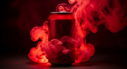A red soda can surrounded by red smoke against a dark background in a studio setting