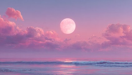 Pink-hued full moon ascends over a calm ocean,  pastel clouds softly illuminate the twilight sky, creating a serene, dreamy seascape