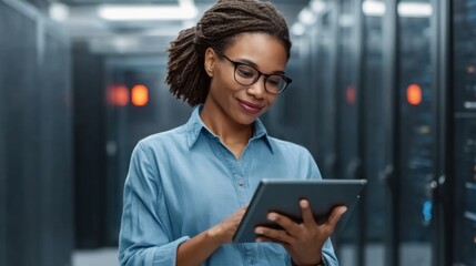 Young African American woman in glasses holds tablet and smiles in modern server room with data servers in background, representing technology and innovation