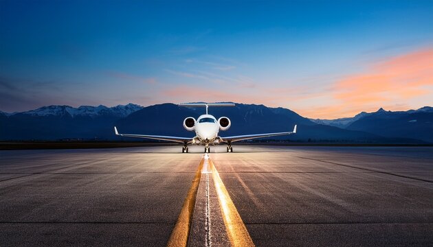 private jet airplane runway twilight lights mountains sky evening transportation travel luxury business aircraft