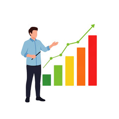 A businessman confidently presents an upward trending bar graph illustrating significant growth and positive business progress.