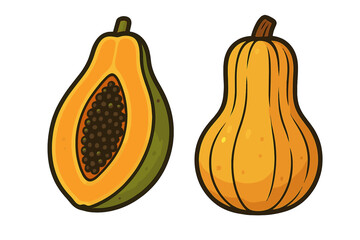 Minimalist Vector Illustration of Papaya and Squash with Distinct Shapes and Textures, Cartoon Style, Transparent Background, Fresh Tropical Fruit and Vegetables Design
