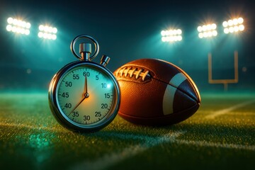 Stopwatch and football on turf with glowing stadium lights in background