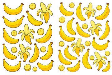Pattern of Bananas in Playful Cartoon Style. Vector Illustration of Whole, Peeled, and Sliced Bananas on White and Black Backgrounds. Bright, Fun Fruit Pattern Design.