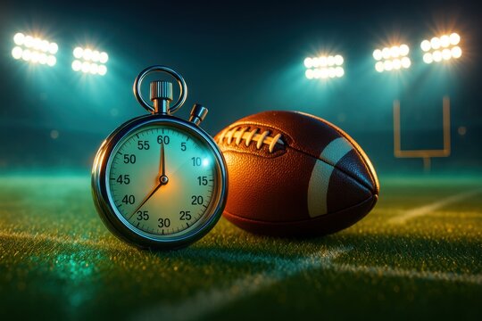 Stopwatch and football on turf with glowing stadium lights in background