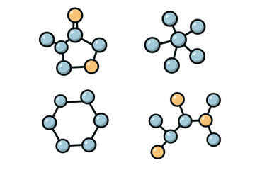 Minimalist molecular structures vector collection, abstract cartoon style scientific designs, educational chemistry and biology concept illustration, atomic and chemical models