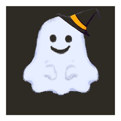Cute Halloween ghost with witch hat, smiling face, no feet