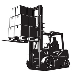 Black and White Illustration of a Forklift Operator Lifting Cargo on a Pallet