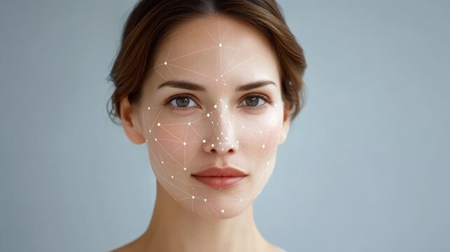 Woman with facial recognition technology overlay showcasing beauty and digital art in a modern and aesthetic setting for innovative design concepts