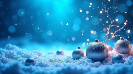 Silver baubles on snowy ground with glowing lights