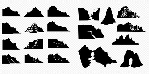 Fototapeta premium A comprehensive collection of diverse black vector silhouettes representing various mountain, hill, and rock formations.