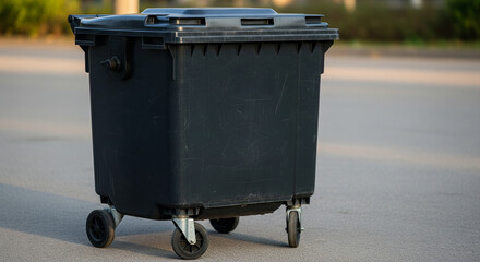 A large, black, commercial-sized waste container stands in a parking lot or on an asphalt surface. The bin is clean and ready for use, suggesting themes of waste management