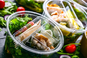 Round plastic boxes with pre-packaged vegetable salads