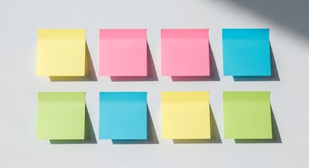 Eight colorful sticky notes in various shades of yellow, pink, blue, and green arranged on a light background with shadows.