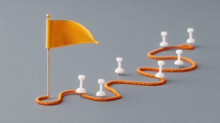 Creative representation of a winding path marked by a small yellow flag and round white pins indicating milestones in a journey or project completion
