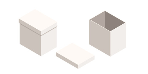 Isometric white storage boxes with gray elements. Closed container, open box, and separate lid. Minimalist packaging design for organization. Vector illustration isolated on white background