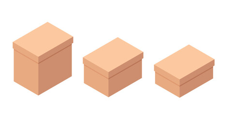 Isometric brown cardboard boxes set. Three rectangular containers in different sizes. Shipping and storage packaging for business and logistics. Vector illustration isolated on white background