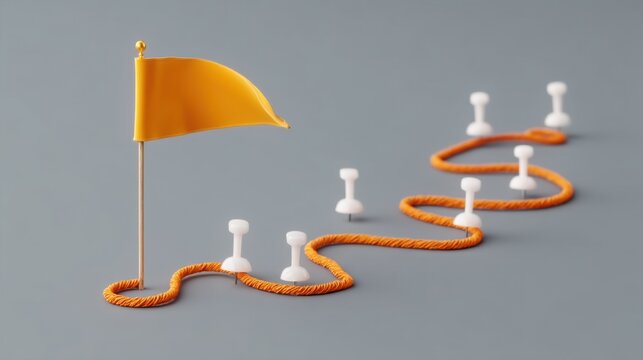 Creative representation of a winding path marked by a small yellow flag and round white pins indicating milestones in a journey or project completion