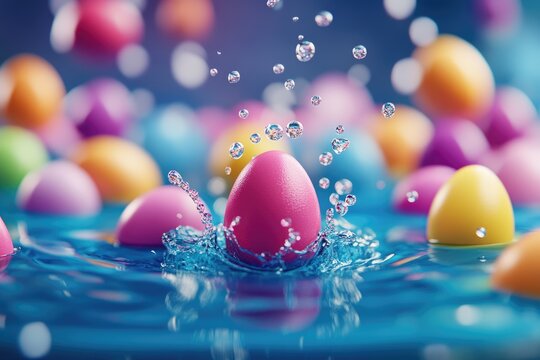 Colorful easter eggs splashing in water vibrant pool setting dynamic action scene playful environment close-up view festive concept for celebration