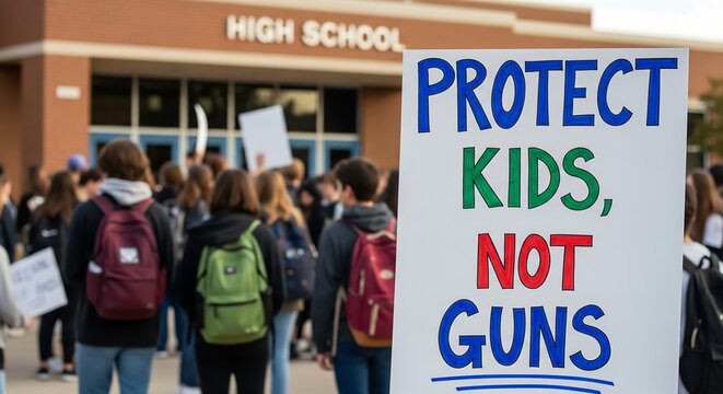 Students protest outside a high school with a 'PROTECT KIDS, NOT GUNS' sign, advocating for gun control and school safety.