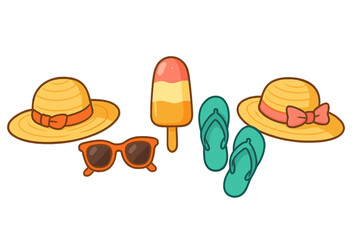 Summer beach essentials vector illustration with sun hats, sunglasses, flip flops, and ice cream, perfect sunny day accessories, cartoon style transparent background graphic