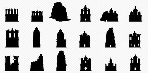 Various black silhouettes of architectural structures, including castles, towers, and ruins, presented on a transparent background.