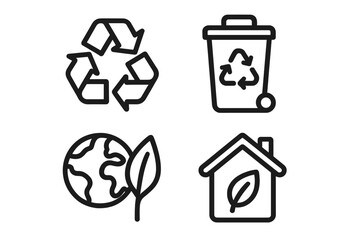 Minimalistic Vector Icons Representing Recycling, Waste Management, Sustainability, and Eco-Friendly Living with Earth, Leaf, Trash Bin, and Recycle Symbols in Simple Cartoon Style