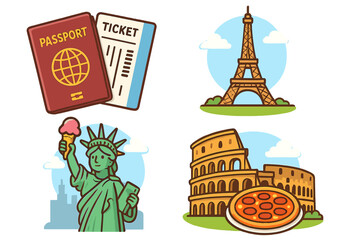 Travel essentials including passports, tickets, iconic landmarks like Eiffel Tower, Statue of Liberty, Colosseum with cultural food experiences like pizza and ice cream. Vector cartoon illustration