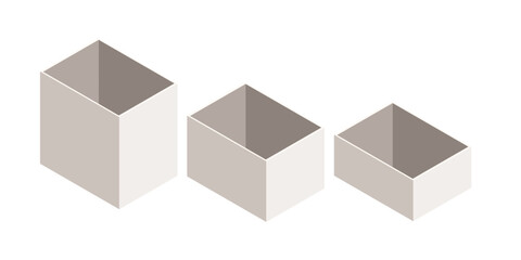 Isometric white storage boxes collection. Open containers in different sizes for organization and packaging. Clean minimalist design concept. Vector illustration isolated on white background