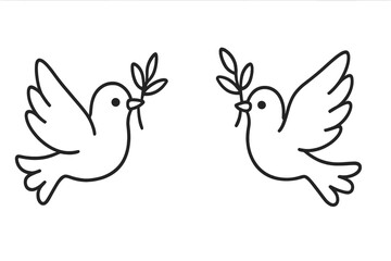 Minimalist line art doves holding olive branches, symbol of peace and harmony, simple black and white vector illustration, cartoon style, transparent background, set of two birds