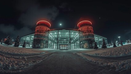 A futuristic glass building with two cylindrical towers glowing in red and green lights at night. and snow covered the ground