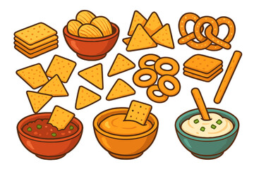 Variety of Snack Items and Dips for Casual Gathering, Party Food Selection, Cartoon Vector Illustration of Crackers, Chips, Pretzels, and Three Different Dips with Transparent Background