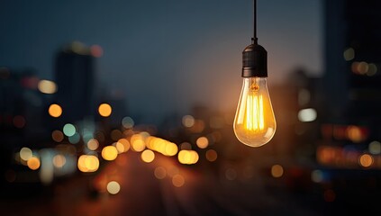 A glowing Edison-style bulb hangs against a blurred cityscape backdrop at twilight, illuminating the night with its warm light