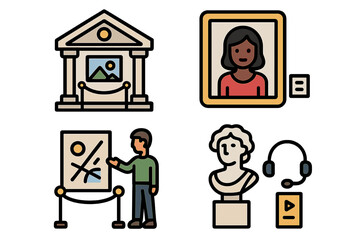 Art gallery icon set with museum building, painting, and sculpture. Vector illustration of exhibition visitor and audio guide. Minimalist fine arts and culture symbols.