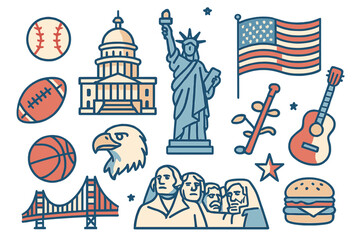 American symbols and USA icons set. National culture, sports, food and travel landmarks. Vector cartoon illustration of flag, eagle, Statue of Liberty, capitol, and burger.
