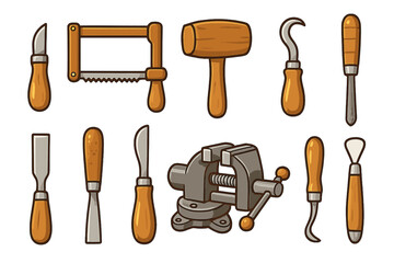 Various Crafting Tools for Carving and Shaping Materials Vector Cartoon Illustration with Transparent Background, Ordered Set of Hand Tools for Woodworking and Sculpting