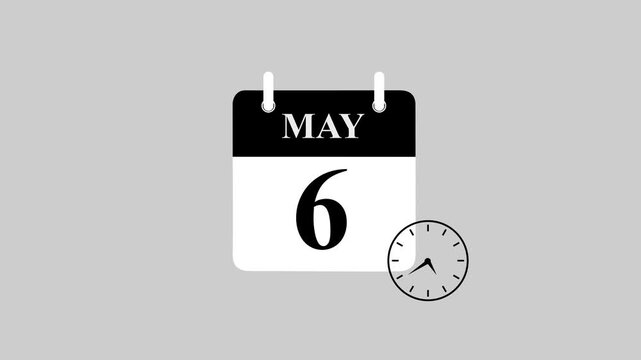 Futuristic May 6 calendar icon featuring dynamic watch animation. High-Resolution motion graphics template for digital scheduling, smart reminders, countdown interfaces, and timeline.