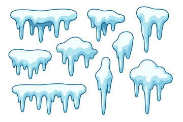 Various Dripping Ice Formations in Minimalist Winter Style, Vector Cartoon Illustrations with Transparent Background, Set of Diverse Icy Shapes and Icicles for Seasonal Design