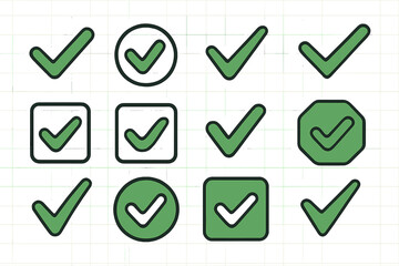 Checkmark icon set. Green tick symbol collection. Correct, approved, and vote signs. Yes, ok, and accept buttons for web and app design. Vector illustration flat design elements.