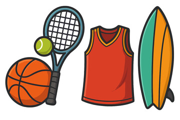 Vibrant vector illustration of various sports equipment and apparel including basketball, tennis racket with ball, colorful surfboard, and sporty jersey in cartoon style