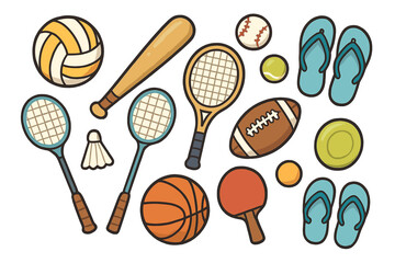 Various Sports Equipment Neatly Arranged for Summer Activities and Recreational Games in Minimalistic Cartoon Vector Illustration with Transparent Background